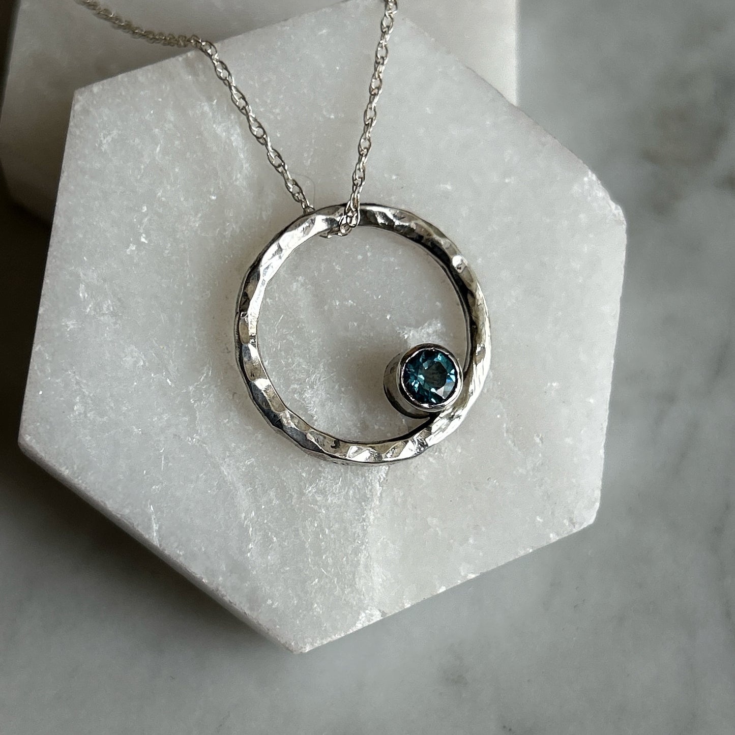 Blue Topaz Hand Hammered Pendant - Sterling Silver