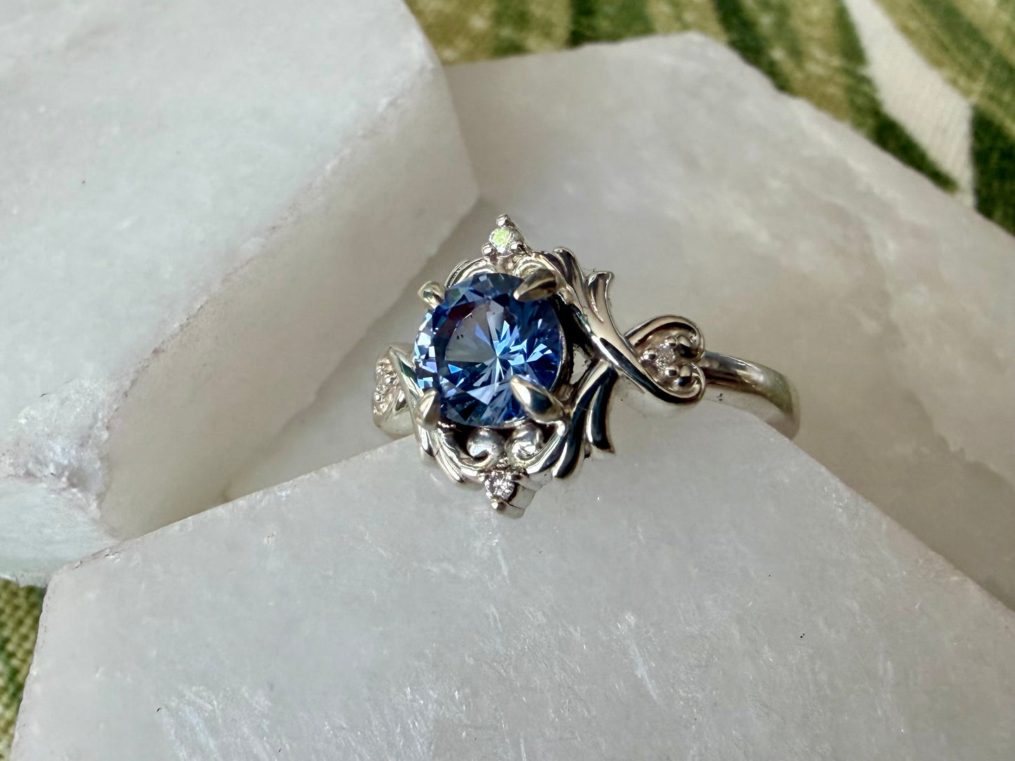 Glass Slipper Ring - Sterling Silver and Cornflower Sapphire with Lab Diamonds