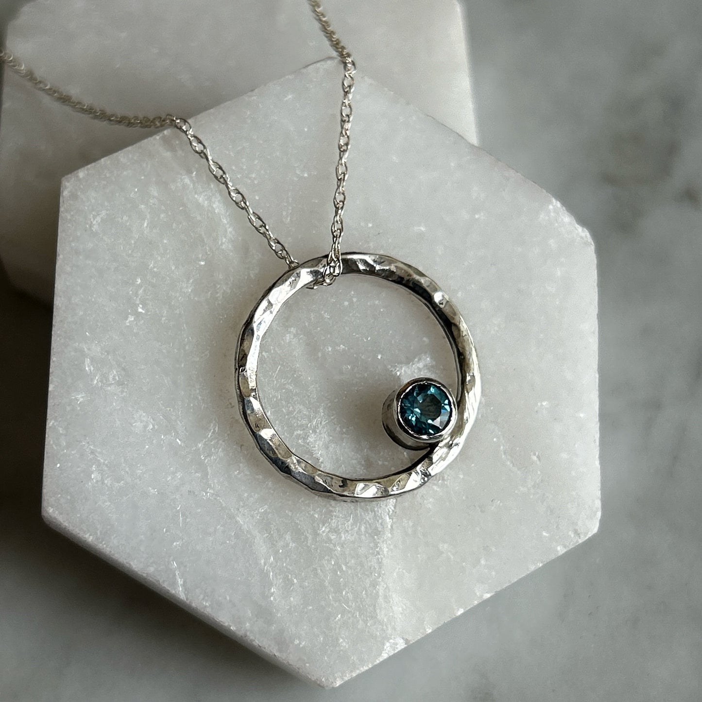 Blue Topaz Hand Hammered Pendant - Sterling Silver