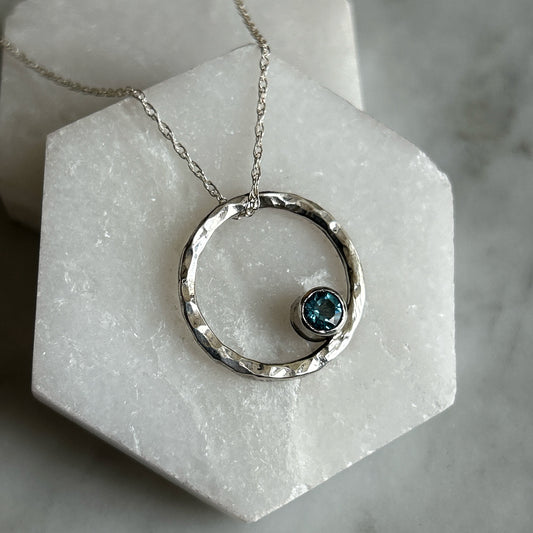 Blue Topaz Hand Hammered Pendant - Sterling Silver