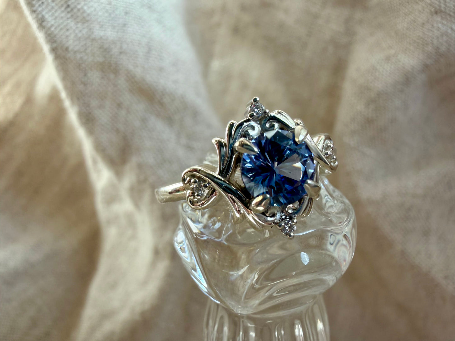 Glass Slipper Ring - Sterling Silver and Cornflower Sapphire with Lab Diamonds