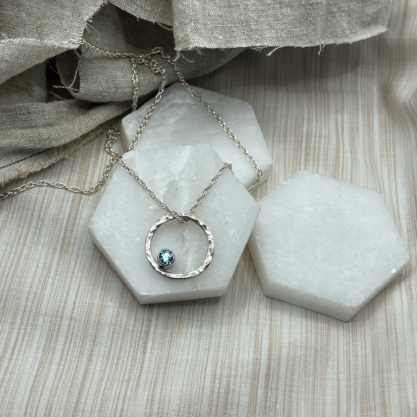 Blue Topaz Hand Hammered Pendant - Sterling Silver