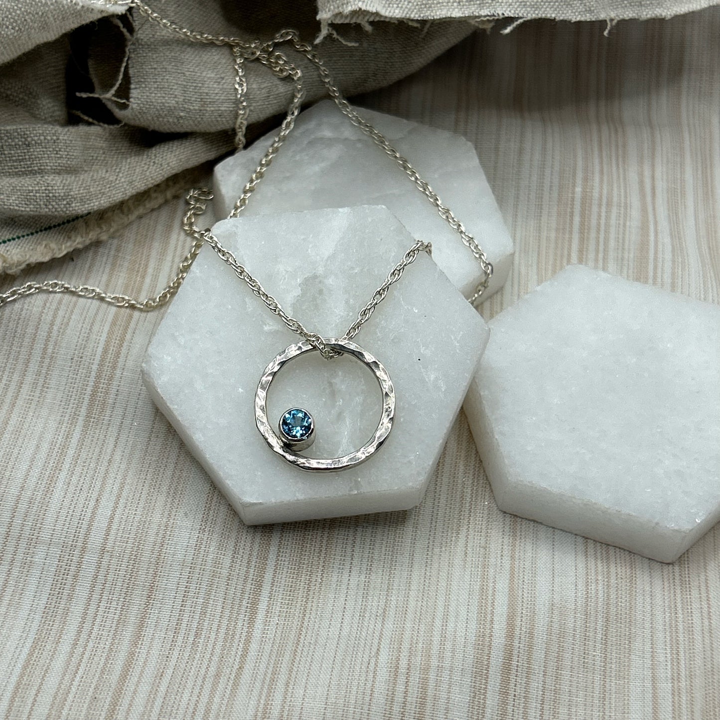 Blue Topaz Hand Hammered Pendant - Sterling Silver