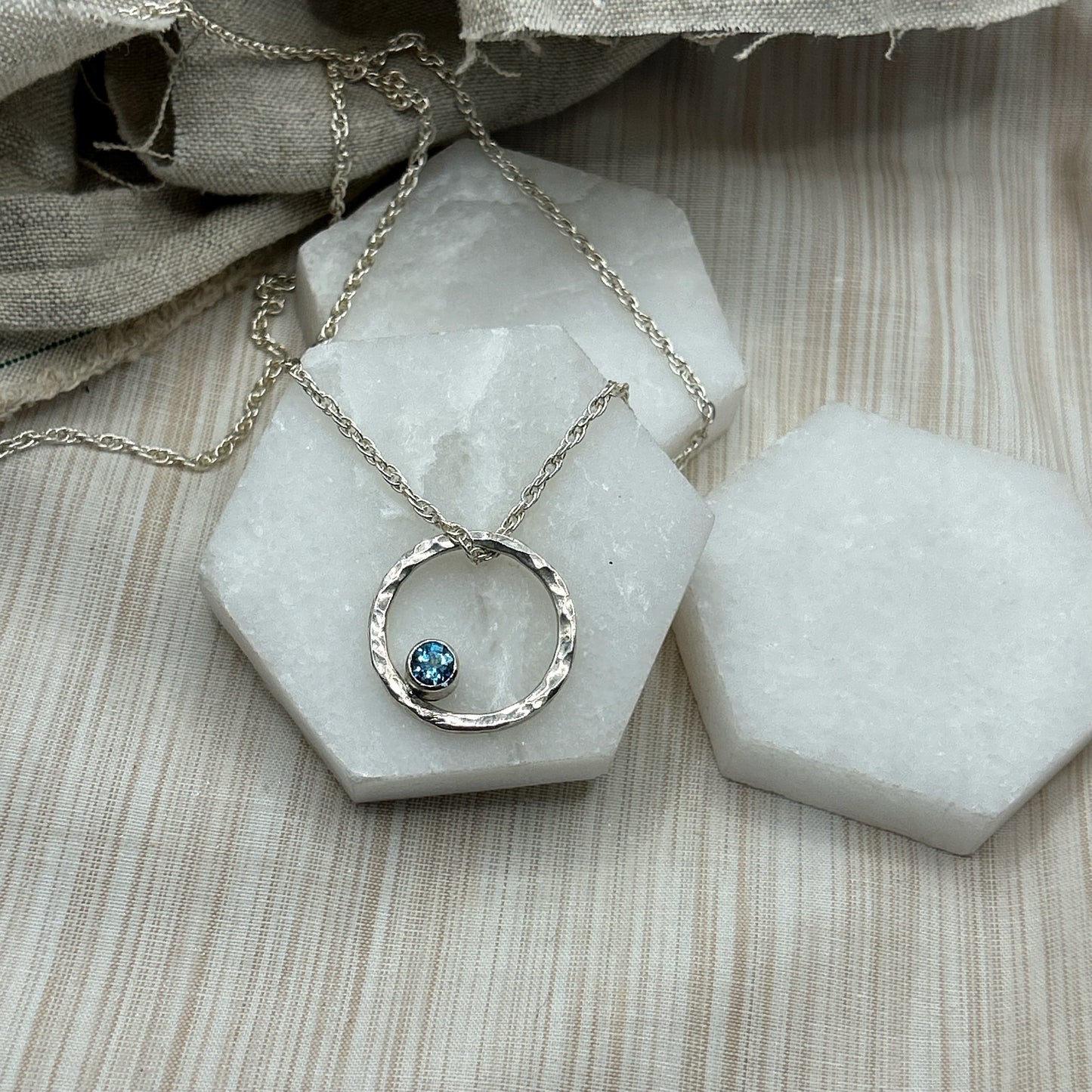 Blue Topaz Hand Hammered Pendant - Sterling Silver